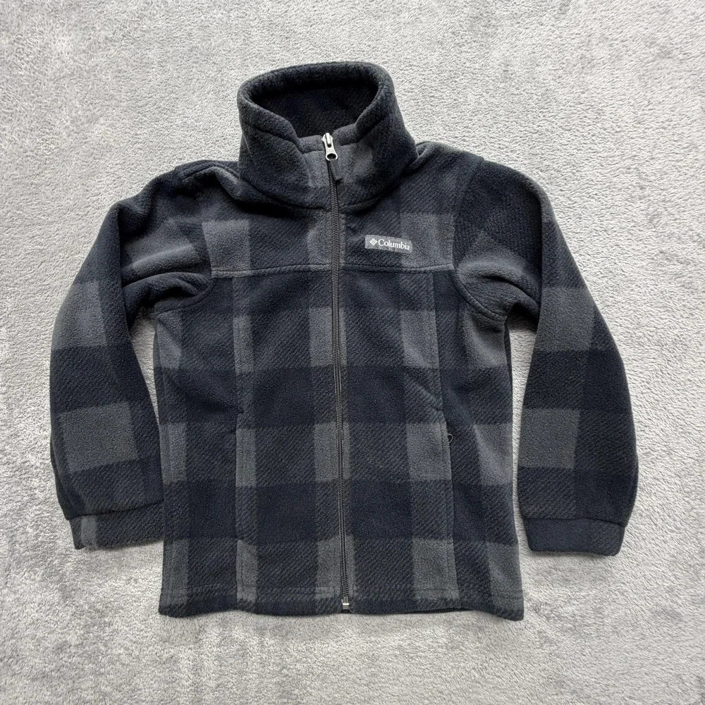 Columbia Jacket Youth XS‎ Gray Plaid Fleece Full Zip Collared Pockets Logo